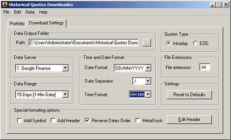 Historical Quotes Downloader Intraday Settings